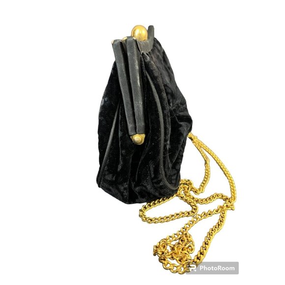 Vintage Bechamel Black Crushed Velvet Evening Bag Long Gold Tone Chain Hinged - Picture 5 of 10